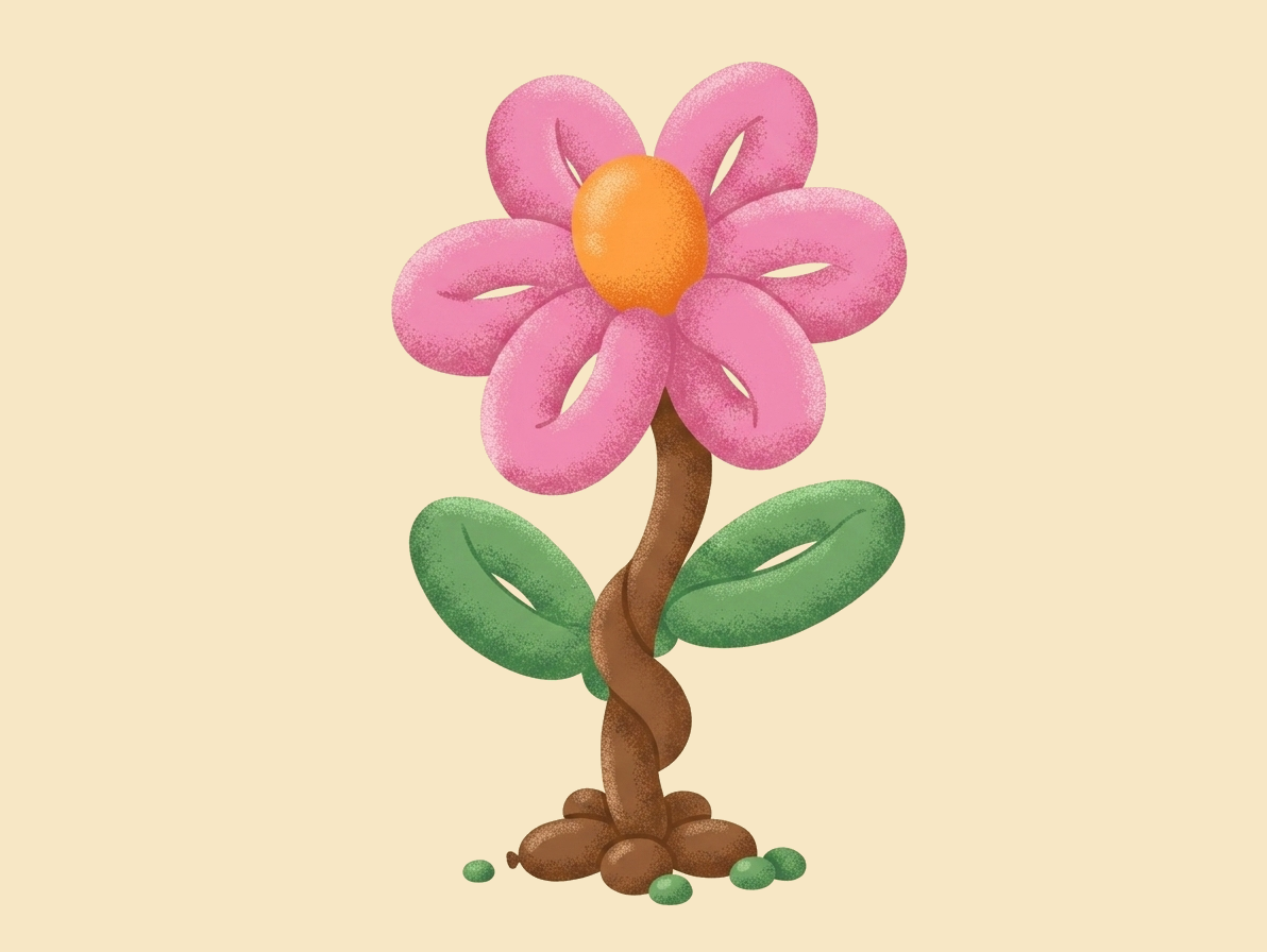 Flor feita de balões, com pétalas rosa, miolo laranja e folhas verdes
